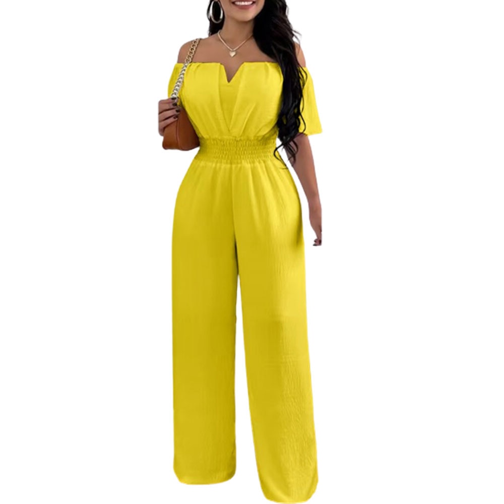Summer Fashion Printed Wide Leg Jumpsuit Women Sexy Beach Style Off-shoulder High Waist Jumpsuit Womem Yellow