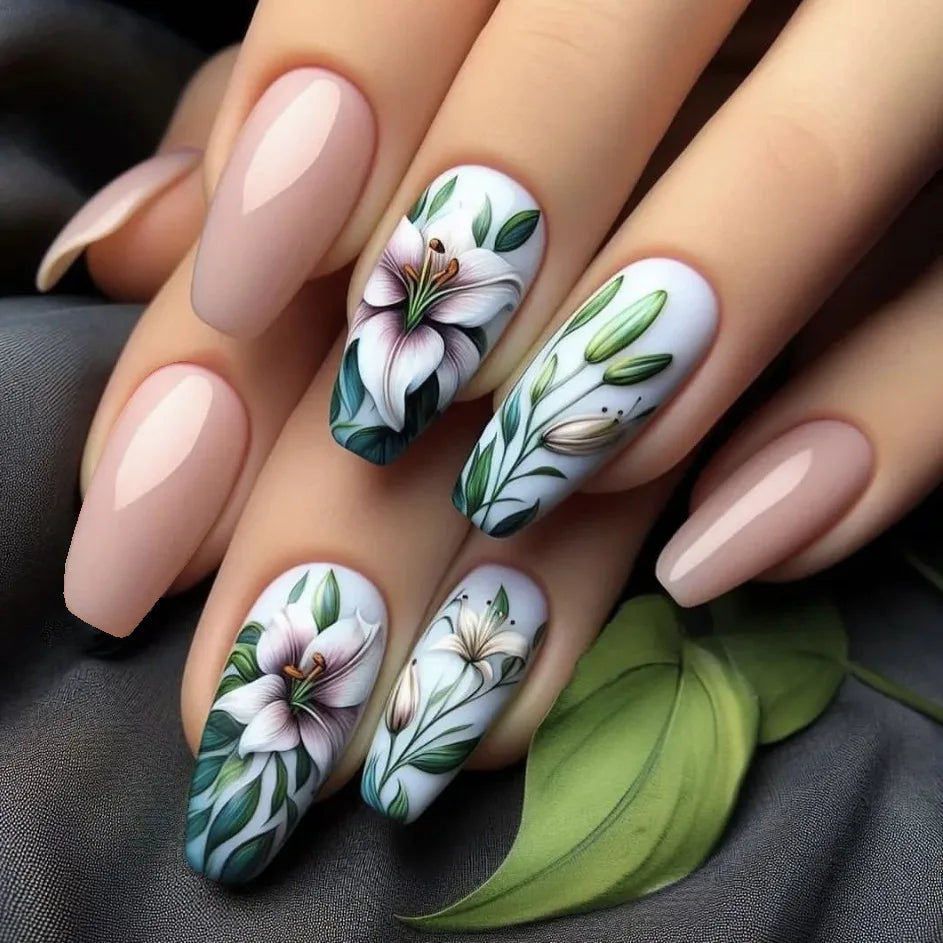 24pcs/set Meduim long fake nails for women peach flowers heart for Spring summer Square faux ongles press on false nail art tips 1601