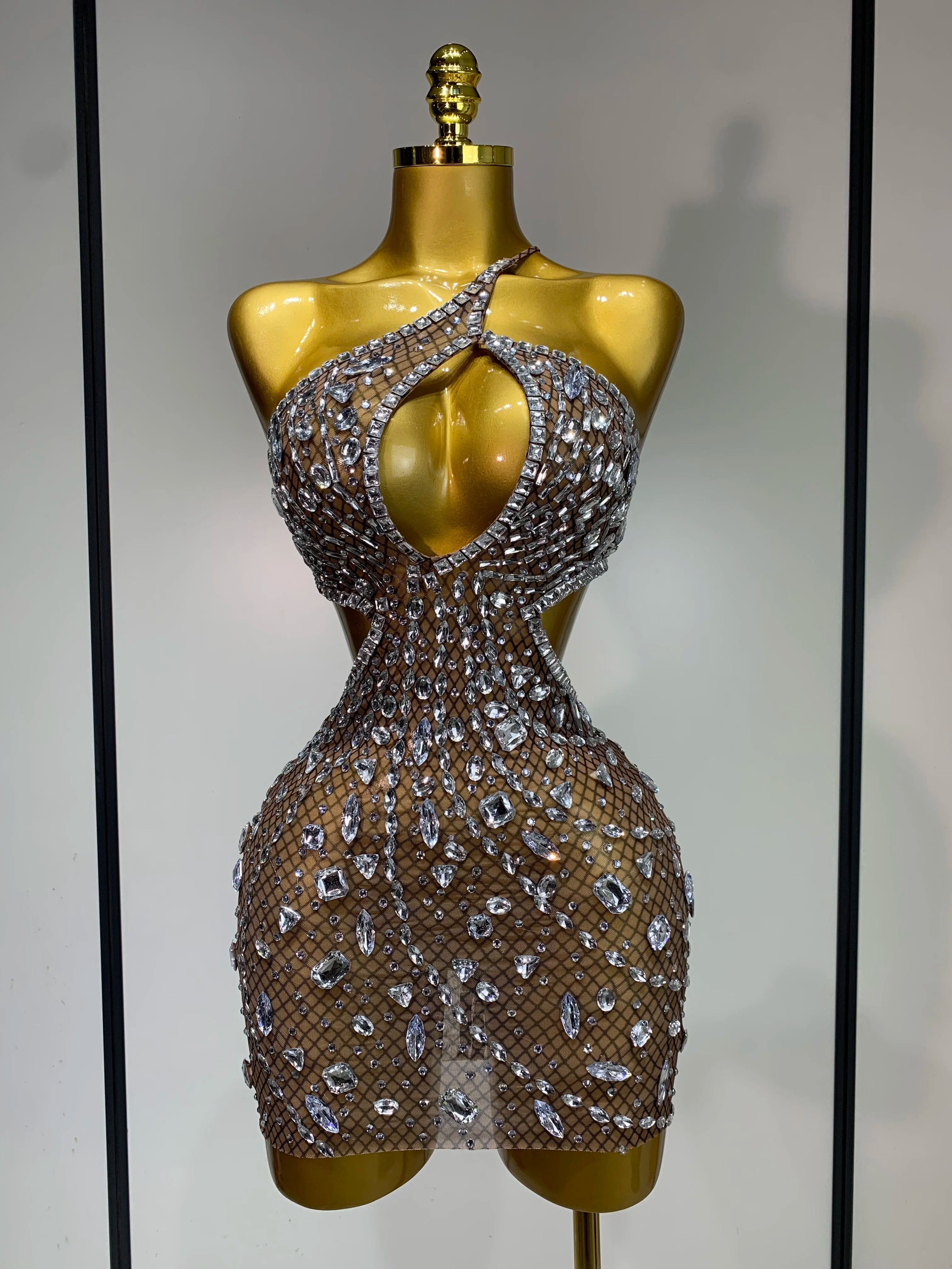Women 2025 Sexy Backless See Through Sparkly Diamond Evening Prom Gown Luxury Birthday Celebrate Stage Nightclub Hotwife Outfit Dark Brown
