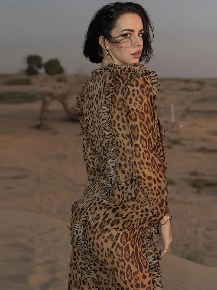 Fashion Print Ruffle Split Dress Women Spring Summer Deep V-neck Female Vestidos Elegant Long Sleeve Lace Up Lady Robe