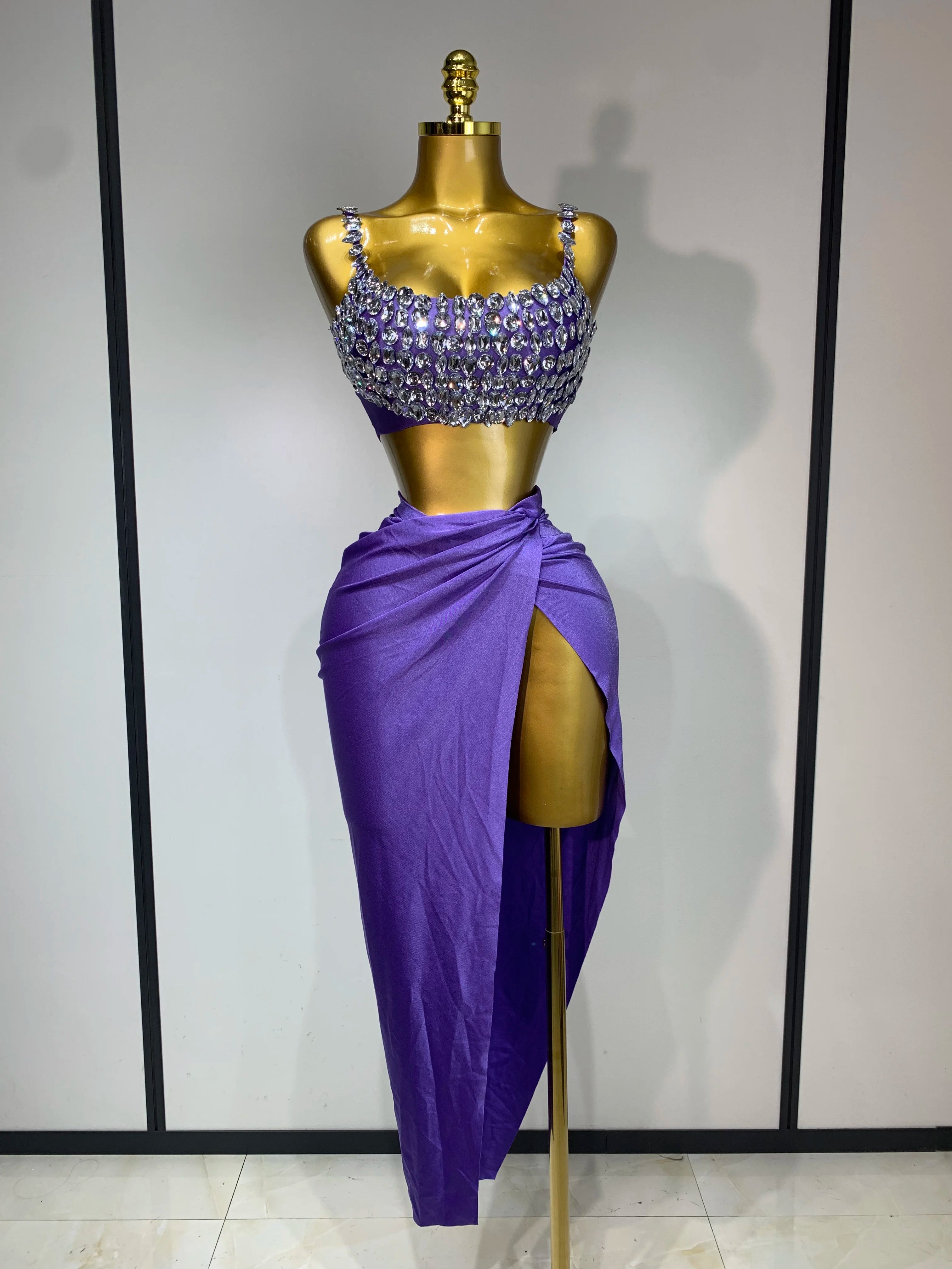 Women Sexy Two Pieces Set Stretched Crystal Diamonds Nightclub Singer Dancer Stage Performance Costume Evening Party Skirt Suits PURPLE