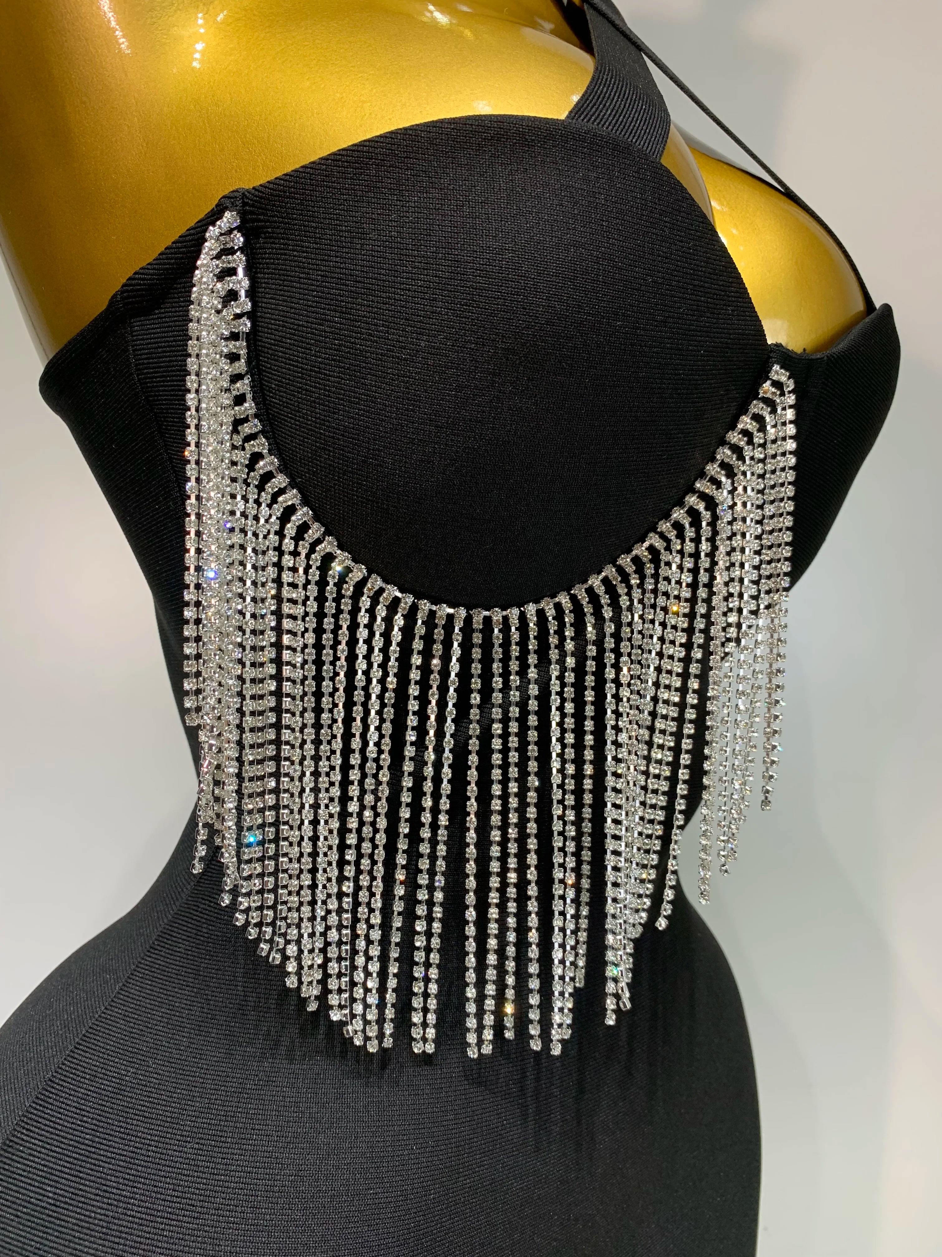 Women Sexy Diamonds Tassel Crystal Midi Black Bodycon Bandage Dress 2025 Elegant Evening Party Luxury Birthday Dresses Vestido