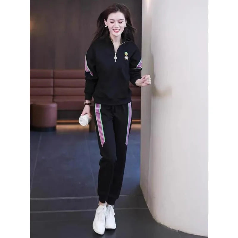 Women's Tracksuit Large Autumn Winter New Loose Casual Fashion Tops And Pencil Pants Two Piece Sets Plus Size Clothing For Women black