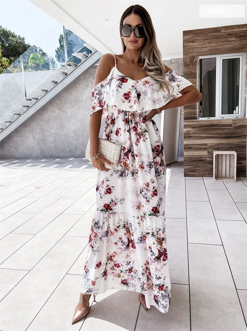 Women Boho Floral Cold Shoulder Elegant fashion Maxi Dress Ladies Summer Ankle-Length