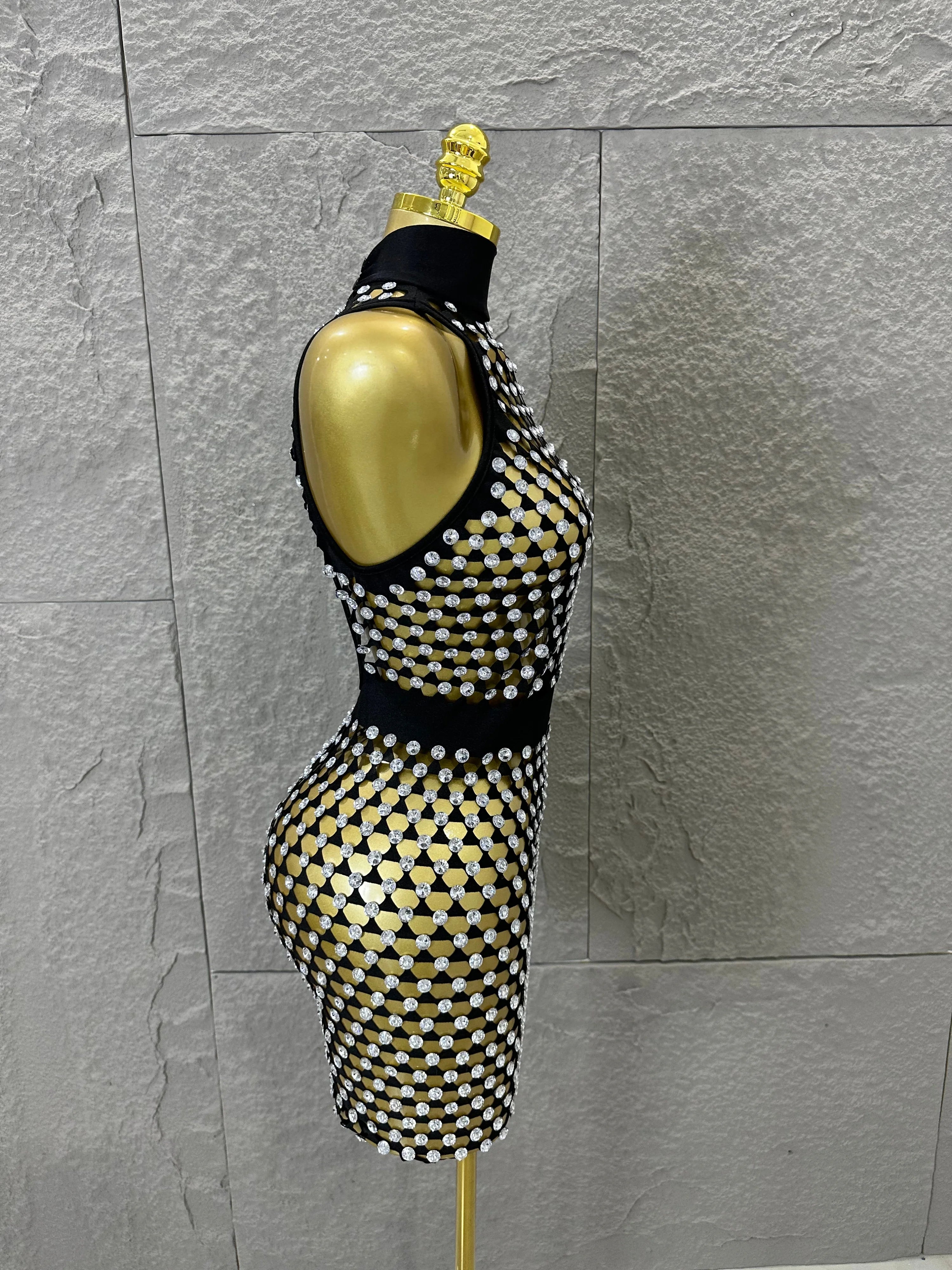 Luxury 2026 Glamorous Black Mesh Halter Mini Dress Sparkle Rhinestone Gold Silver Bead Bodycon Bar Stage Performance Costume