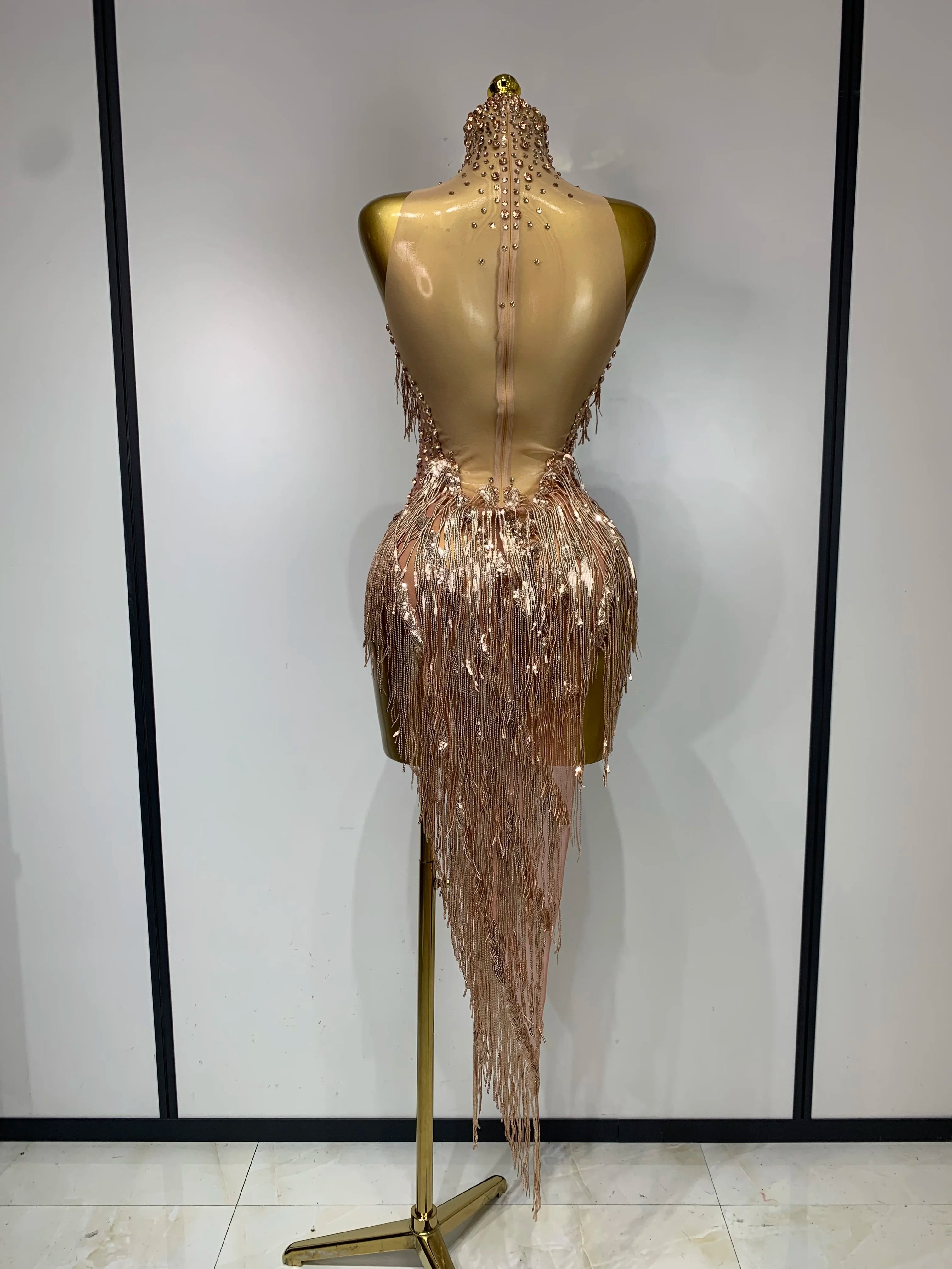 Women Sexy Stretch Mesh Sparkly Rhinestone Tassels Mini Dress Nightclub Singer Dance Stage Costume Evening Party Birthday Gowns