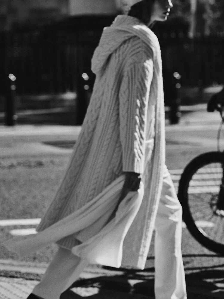 ZA-2024 new autumn and winter women's hooded eight-strand knitted jacket fashionable long cardigan jacket