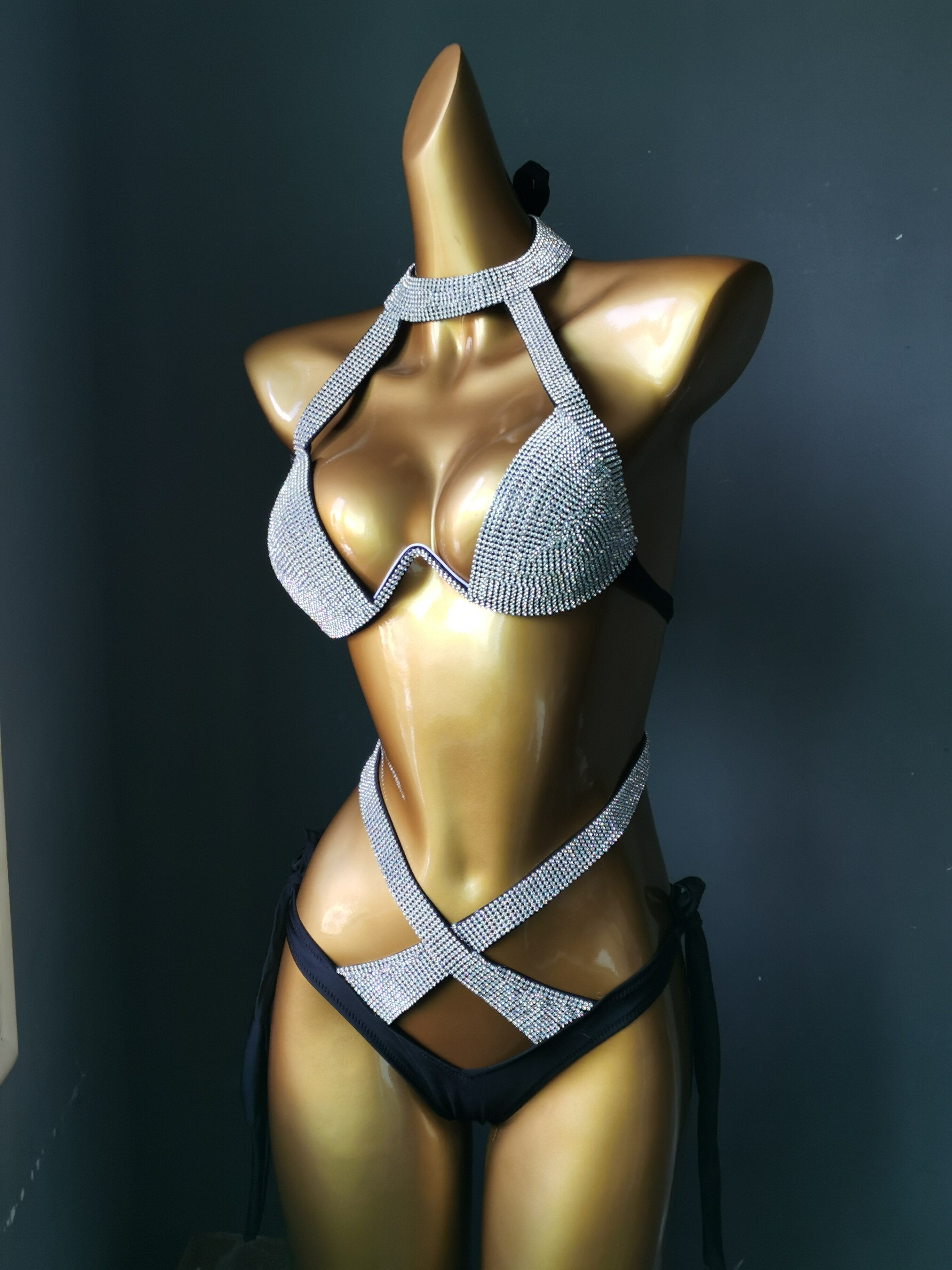 Sexy Gathered Bikinis Crystal Diamond Rhinestone Women's Swimwear Push Up Halter Bandage Female's Swimsuit Black