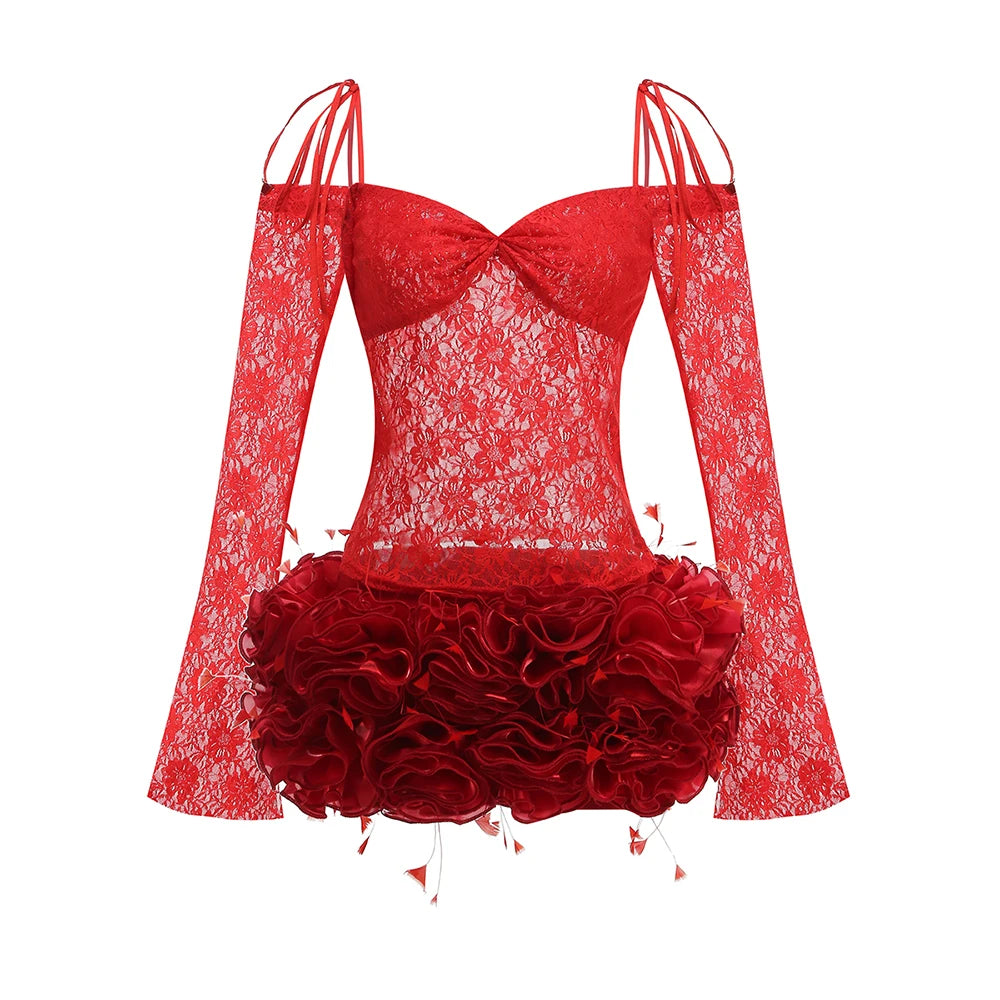 Sweet Fairy-Tale White & Red Off-Shoulder Lace & Puff Skirt Dress Outfit for Themed Parties Red