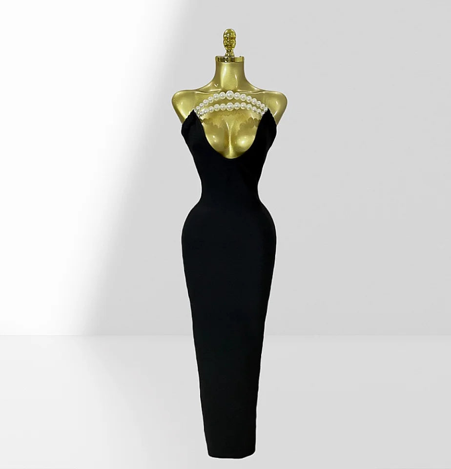 Stereoscopic Pearl Design Sexy V-Neck Package Hips Black Bandage Long Dress Elegant Woman Party Dress Celebrity Benquet Vestido