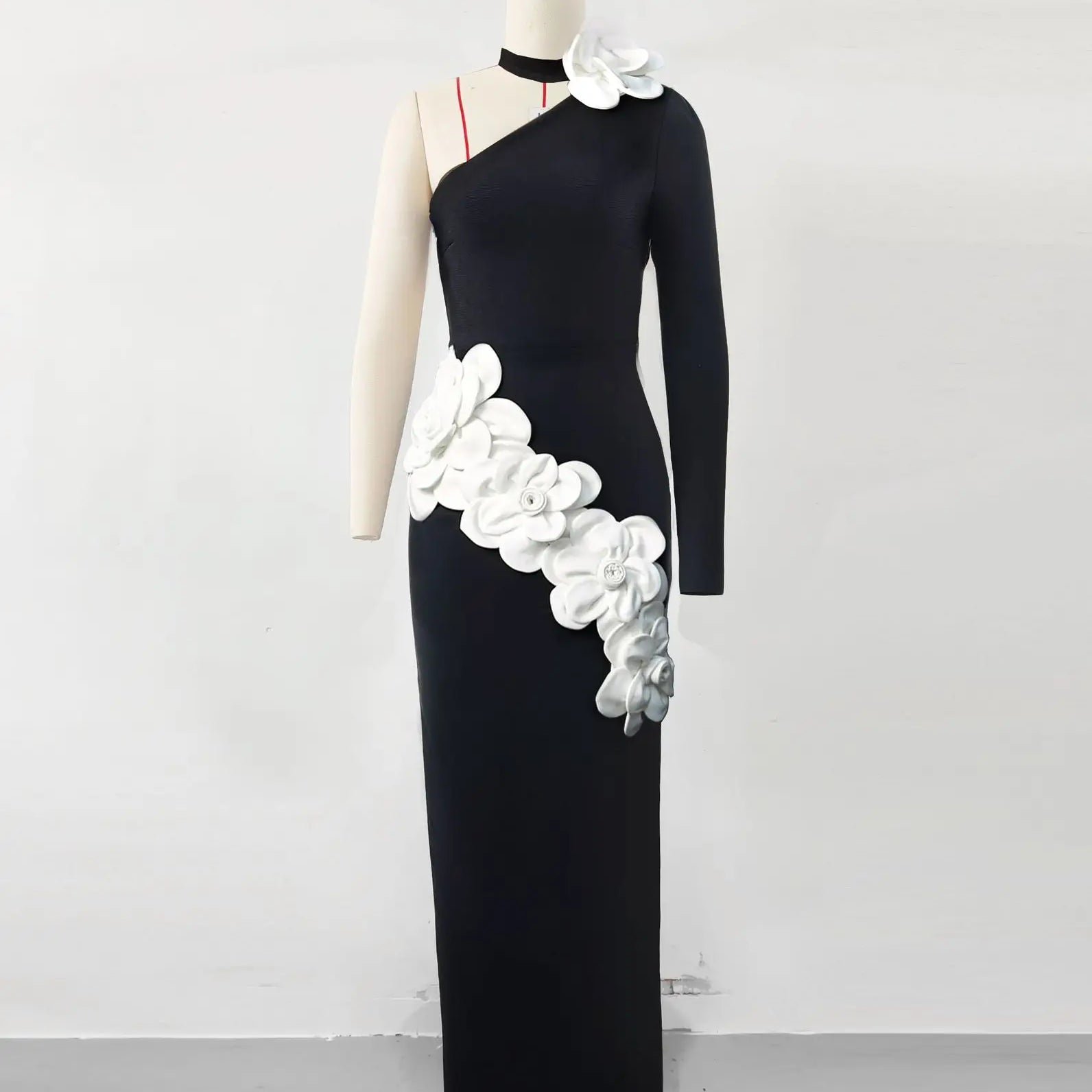 Women Sexy One Sleeve White Florals Bodycon Long Bandage Dress Fashion Nightclub Party Cocktail Outfit Vestido black