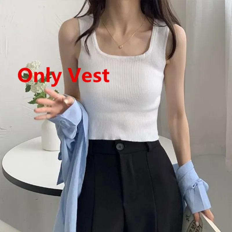 Women High Waist Long Denim Pants 2024 Summer Lady Daily Solid Shirt Vest Jeans 3 Piece Set Korean Fashion Blouse Tank Top Suits Only White Vest