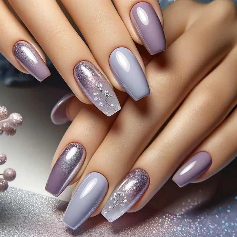 24Pcs Fashion Fake Nails Press on Long Ballet False Nails Art with Flower Design Brown Detachable Full Cover Nail Tips Manicure 1858