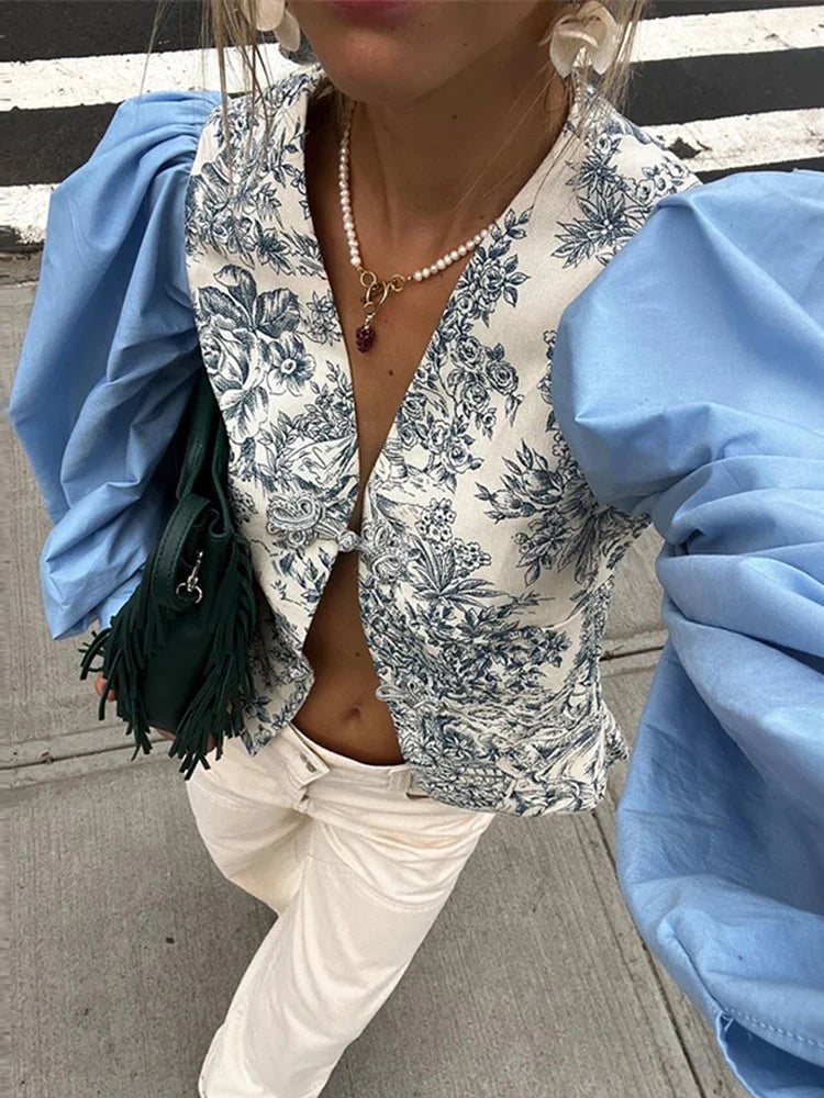 Chic Patchwork Print Floral Shirt Women V-neck Coil Buckle Lantern Sleeve Split Female Blouse Spring Summer Lady Streetwear