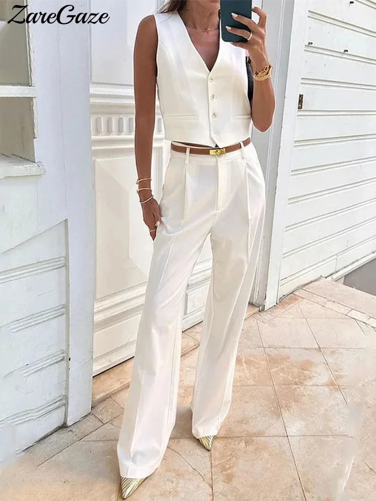 Solid Casual Vest Pants Women 2 Piece Set V-neck Sleeveless Single Breasted Vests Wide Trousers Summer Office Lady Outfit