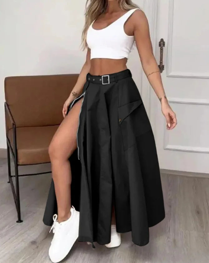 Women Fashion Pocket Front Zipper Slit Slim High Waist Maxi Skirt Streetwear Casual Safari Solid Long Skirts black