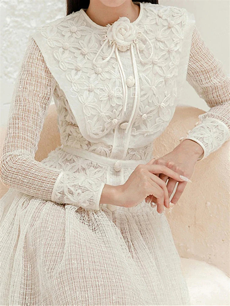 Autumn Spring Boho Elegant Party Luxury Dresses Women Dress Embroidery Lace Runway Vintage High Waist Long Sleeve Vestido