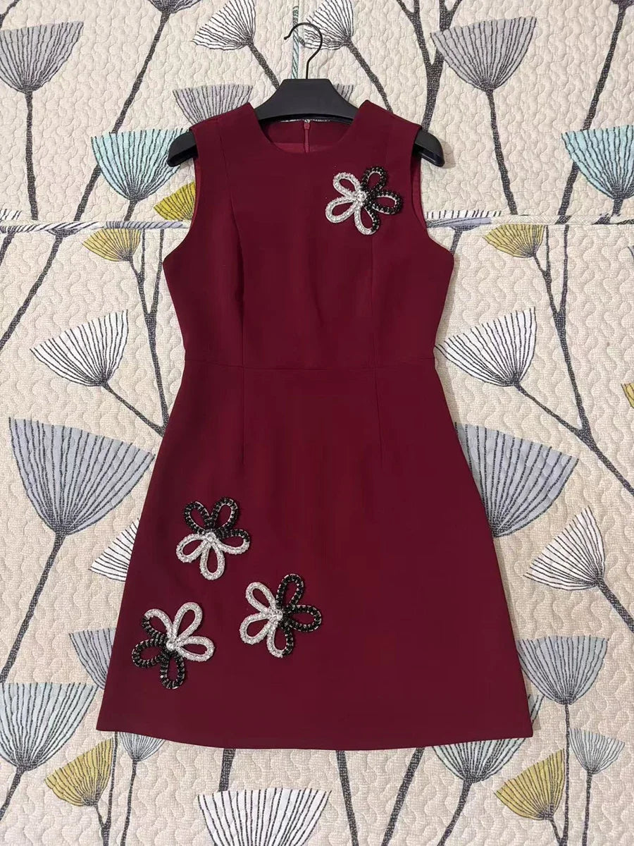 Solid Slimming Elegant Dresses for Women Round Neck Sleeveless Patchwork Bead Fashion Mini Dress Female Clothing WINERED