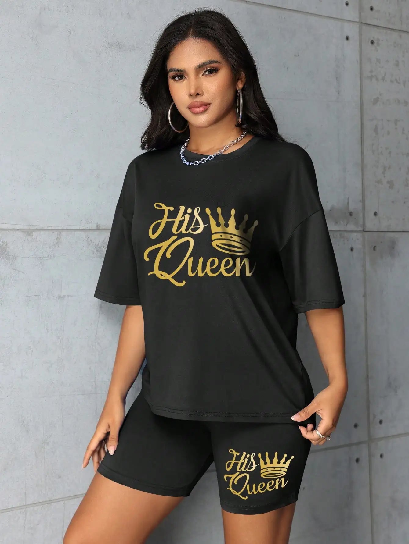 Plus size Women summer clothing Queen printed loose round neck casual black short sleeved T-shirt shorts two-piece set