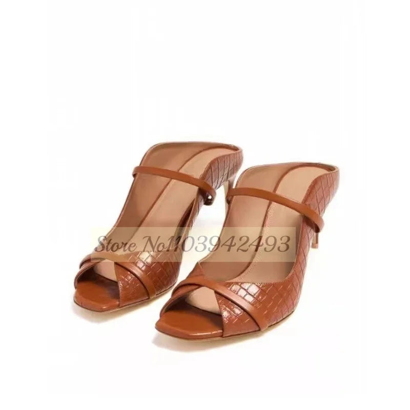 Burgundy Double Strappy Mule Sandals Peep Toe High Heels Shallow Slip On Pull On Thin High Heel Solid Women Luxury Designer Shoe Brown