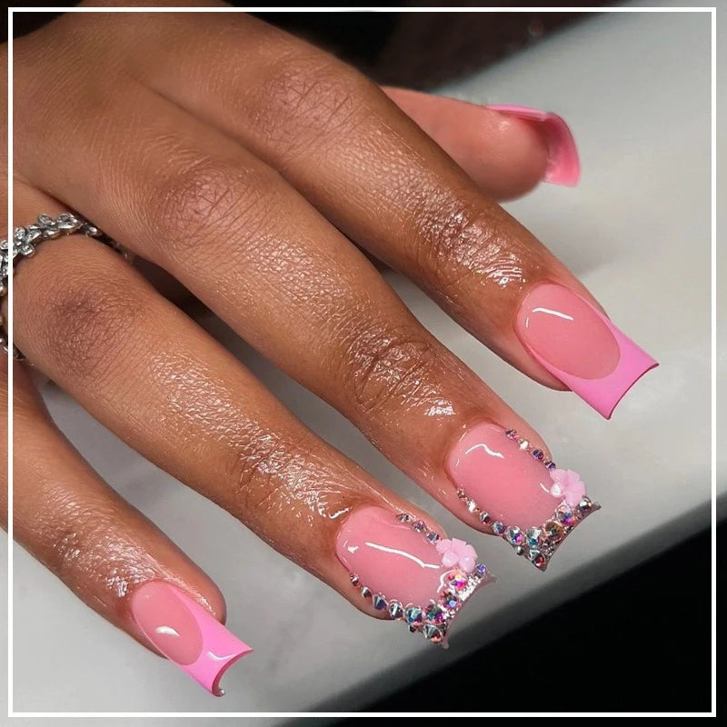 24pcs/Box Press on Nails French Square Head with Flowers False Nail Wearable Glitter Diamond Fake Nails Full Cover Nail Tips Art 1