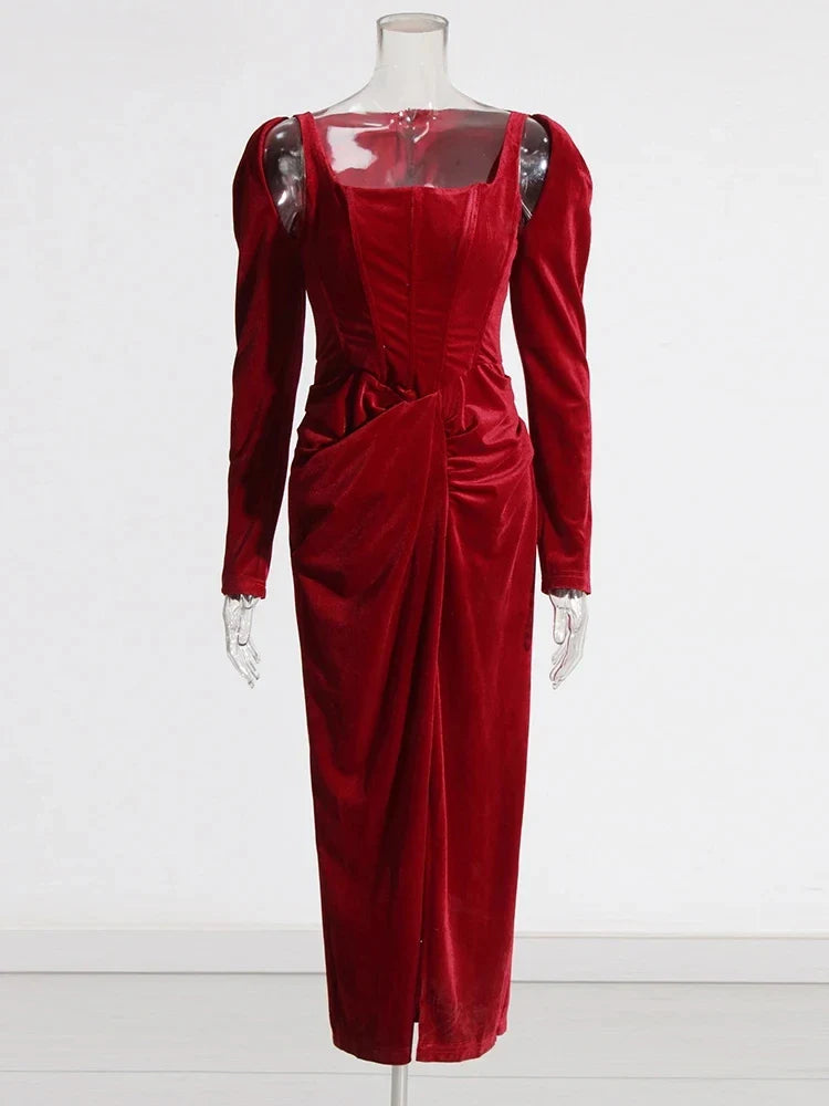 Solid Patchwork Folds Elegant Dresses For Women Square Collar Long Sleeve High Waist Split Slimming Dress Female