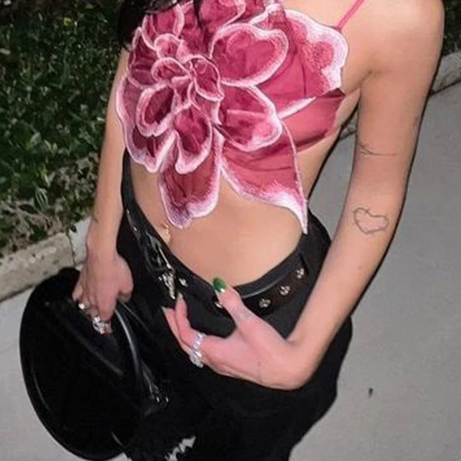 Women 3D Flower Cami Top y2k Sleeveless Backless Spaghetti Strap Crop Top for Going Out Party Streetwear