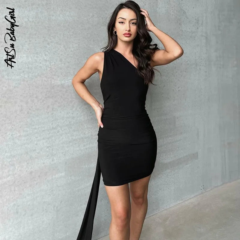 Tassel Backless Dress One Shoulder Mini Dress Hot Pink Bodycon Dress Sleeveless Club Outfits Evening Fashion Sexy Black Dress