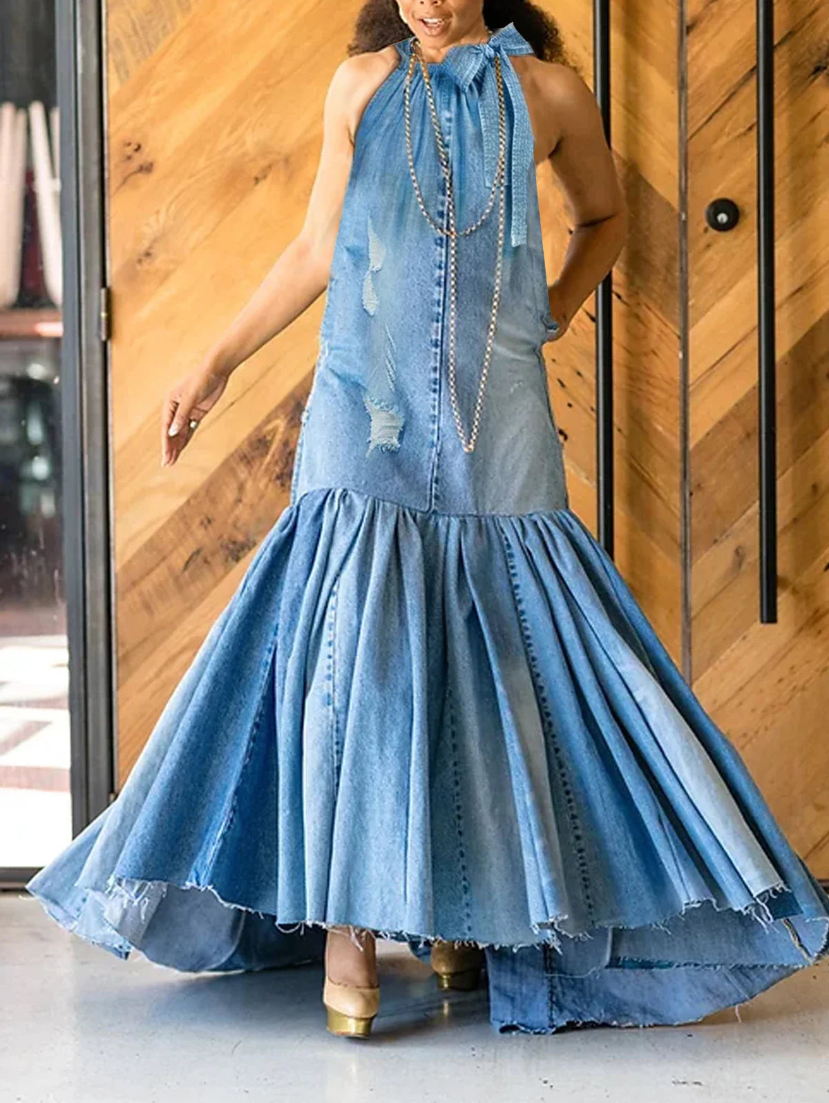 PLUS SIZE Fashion Denim Long Dress Sexy Women Bow Halter Swing Sundress Holiday Sleeveless Robe Casual Loose Mermaid Maxi Dress Blue