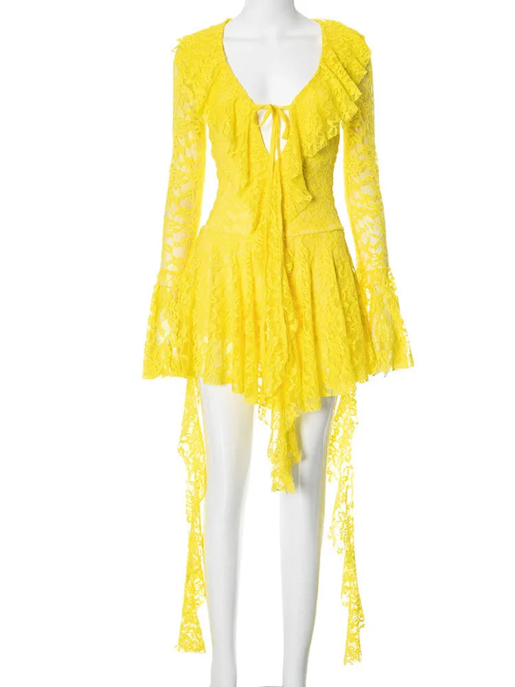 Lace Ruffled Sexy Mini Dress For Women Robe Deep V Neck Flare Long Sleeve Draped A-line Club Party Dress Vestido