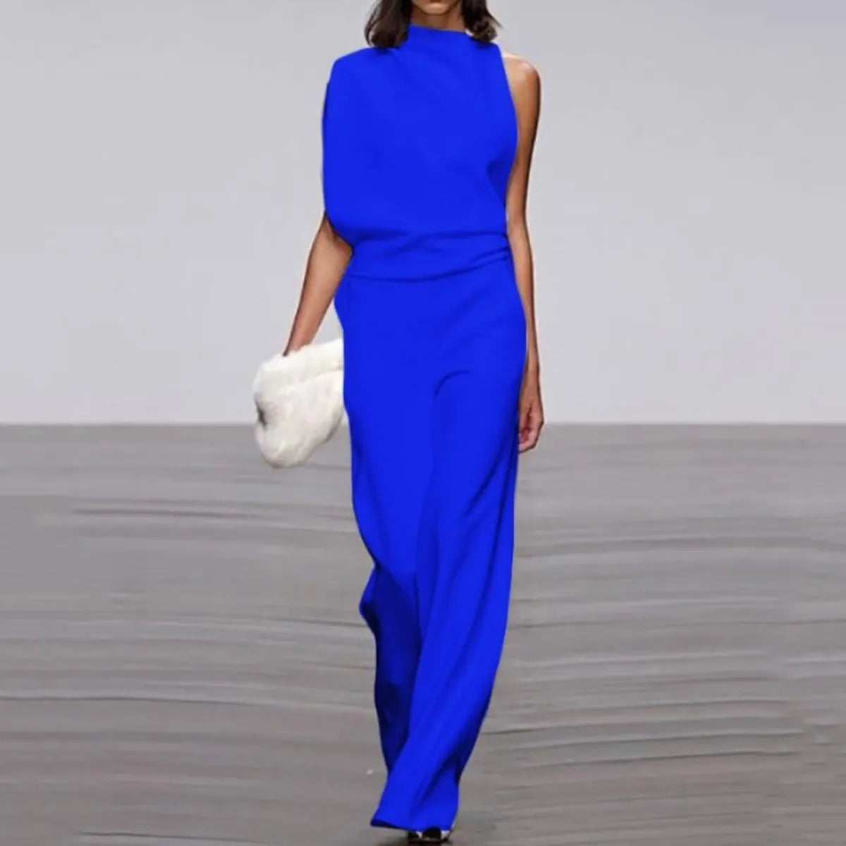 Summer Female Suits Stylish Urban Asymmetric High-Neck Solid Color One Shoulder Casual Tops Loose Pants Set For Women BLUE