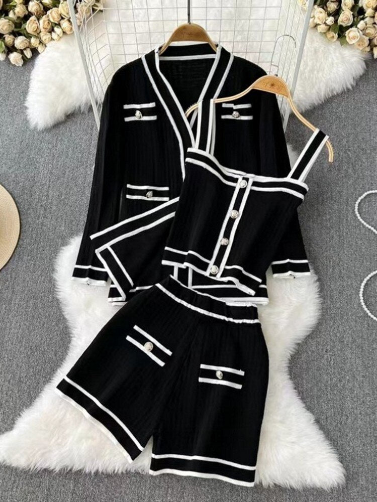 Runway Casual Long Sleeve V Neck Cardigan Coat Top + Sling Vest + Shorts Chic Knitted Vintage Female Luxury Women's 3 Piece Sets