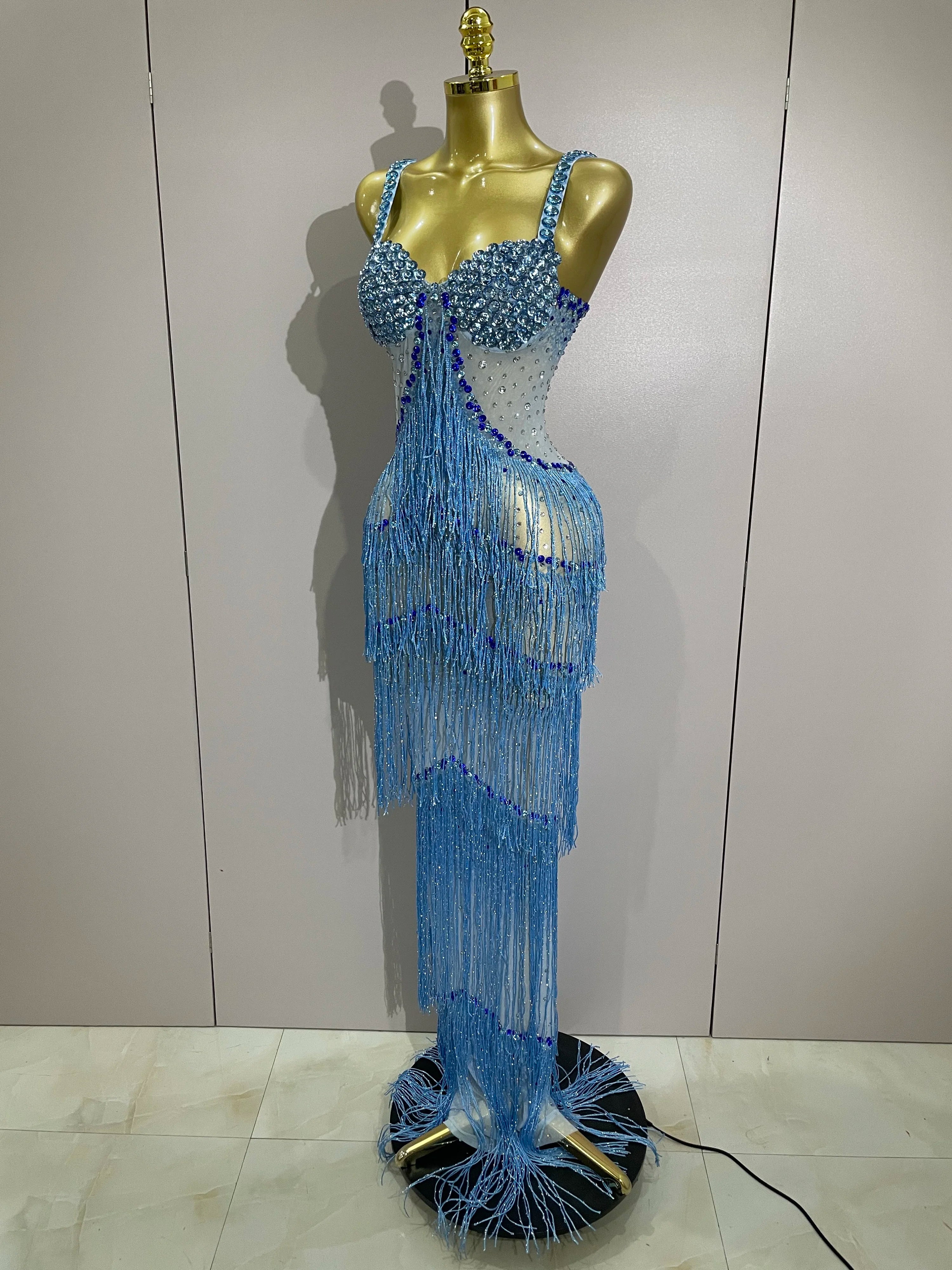 2025 Sparkly Rhinestones Tassel sexy Mesh Slip Long Dress Women Celebrate Evening Prom Birthday paty Dress Photoshoot Stage Wear