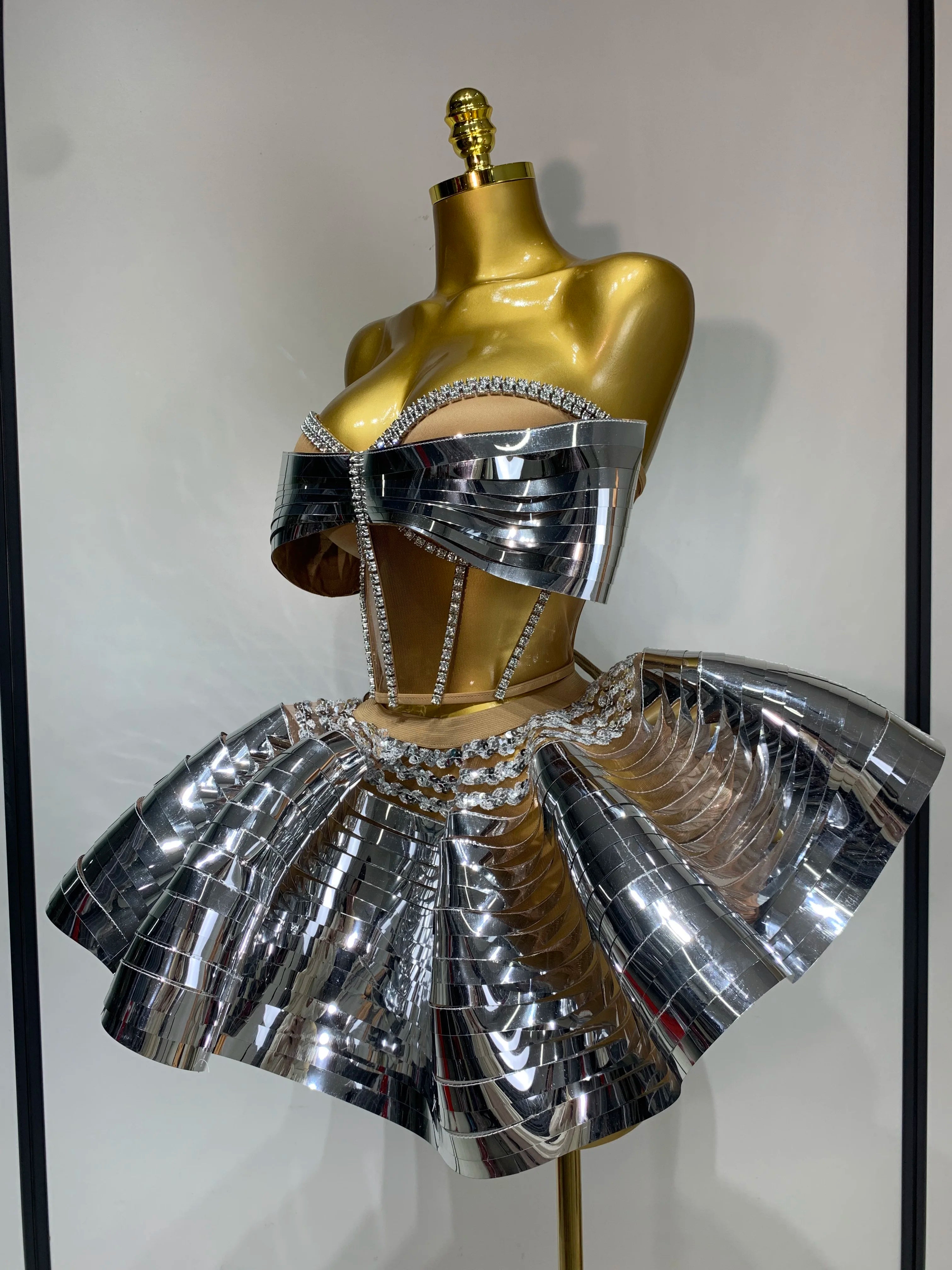 Women Stage Performance Costume Two Piece Set Silver Sequins Rhinestone Fancy Outfit Sexy Backless Shiny Birthday Party Dresses