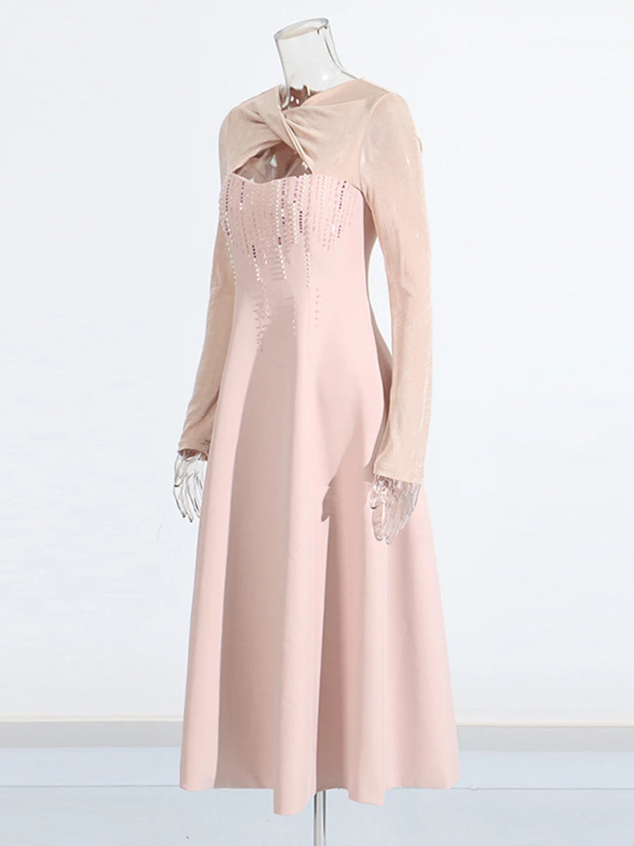 Solid Slimming Bead Elegant Dresses for Women Round Neck Long Sleeve Hollow Out Temperament Dress Female Clothing