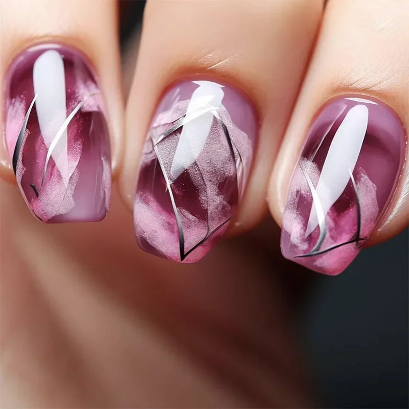 24Pcs Fashion Fake Nails Press on Short Square Head False Nail Art Black Starlit Sky Design Artifical Full Cover Nail Tips 1252