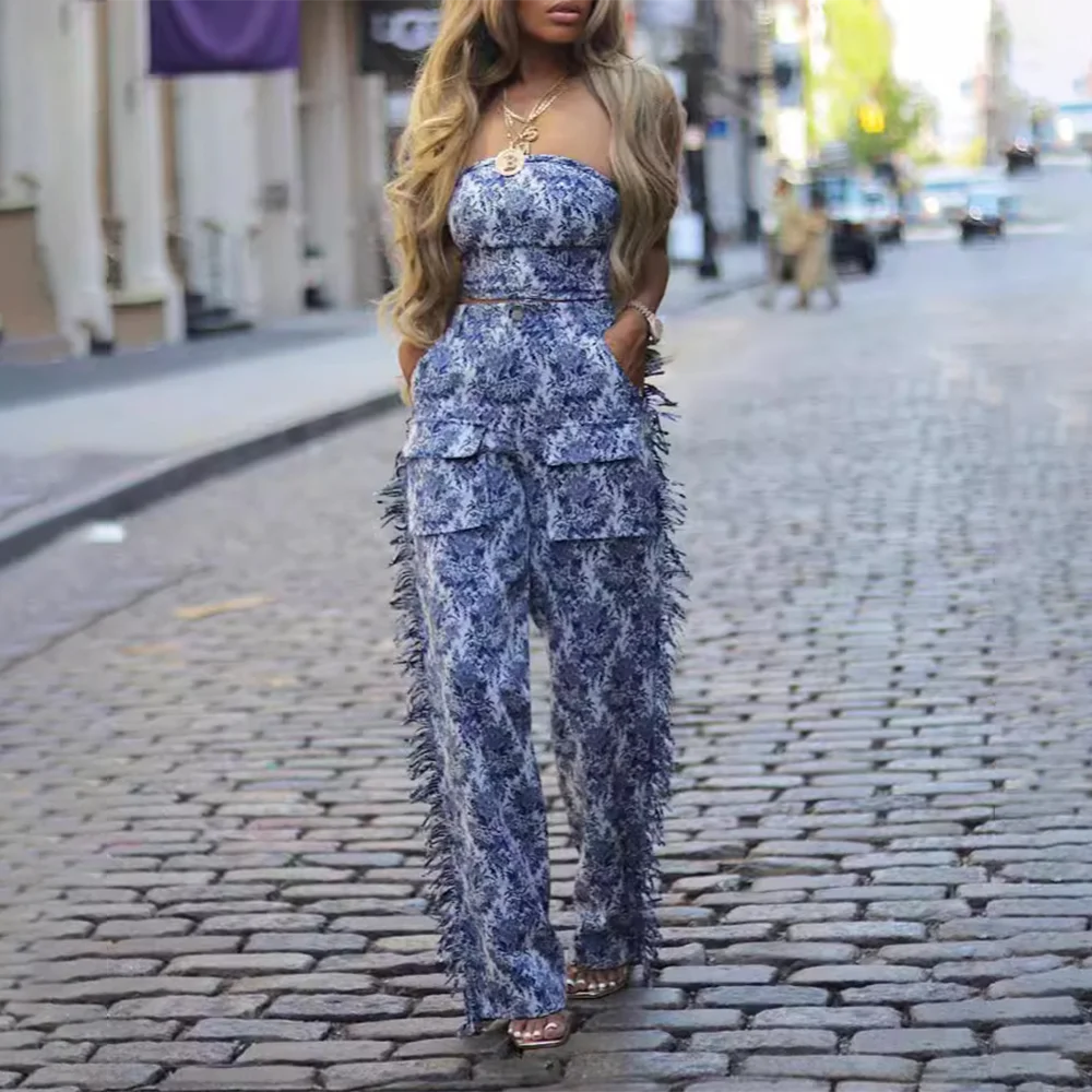 Hit Color Two Piece Set For Women Strapless Sleeveless Top High Waist Patchwork Tassel Pant Streetwear Sets Female BLUE