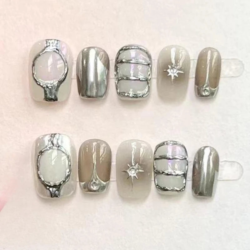 10Pcs Handmade Short Square Fake Nail French Gold Flower Cat Eye Press on Nails Full Cover Sun Moon Starlight Wearable Manicure