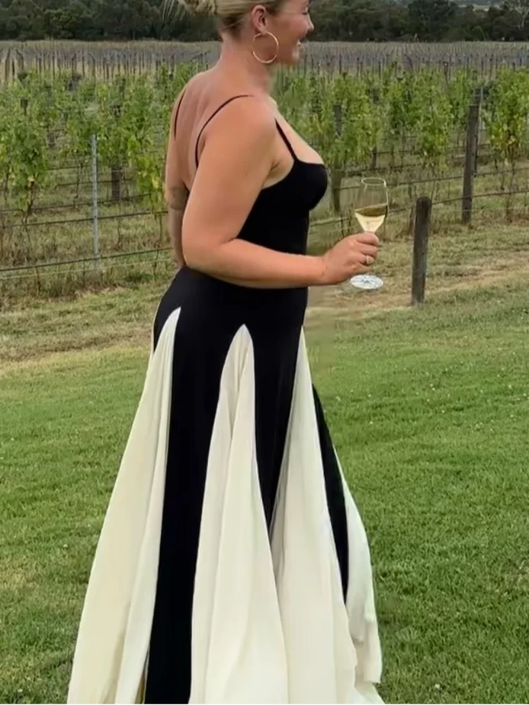 2025 Summer Elegant Contrast Patchwork Lady Spaghetti Strap Maxi Dress Backless Sleeveless High Waist A-line Robe Party Dresses