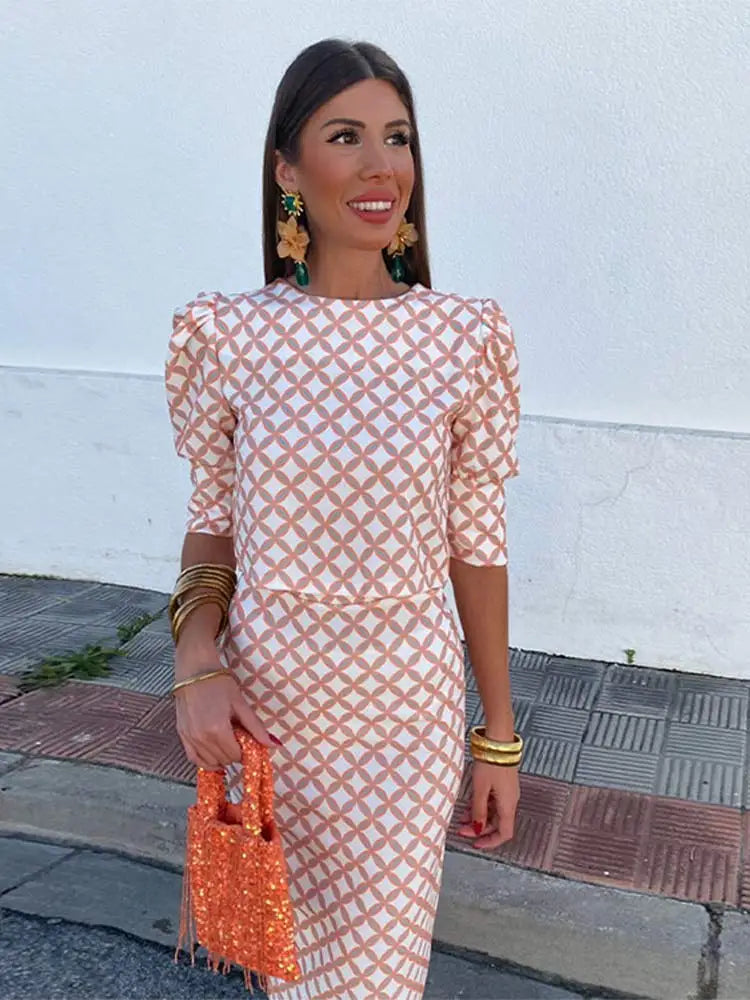 Women Plaid Printed Split Back Midi Skirt Set Fashion O-neck Long Sleeve Cropped Top Suit Lady Elegant Office Outfits