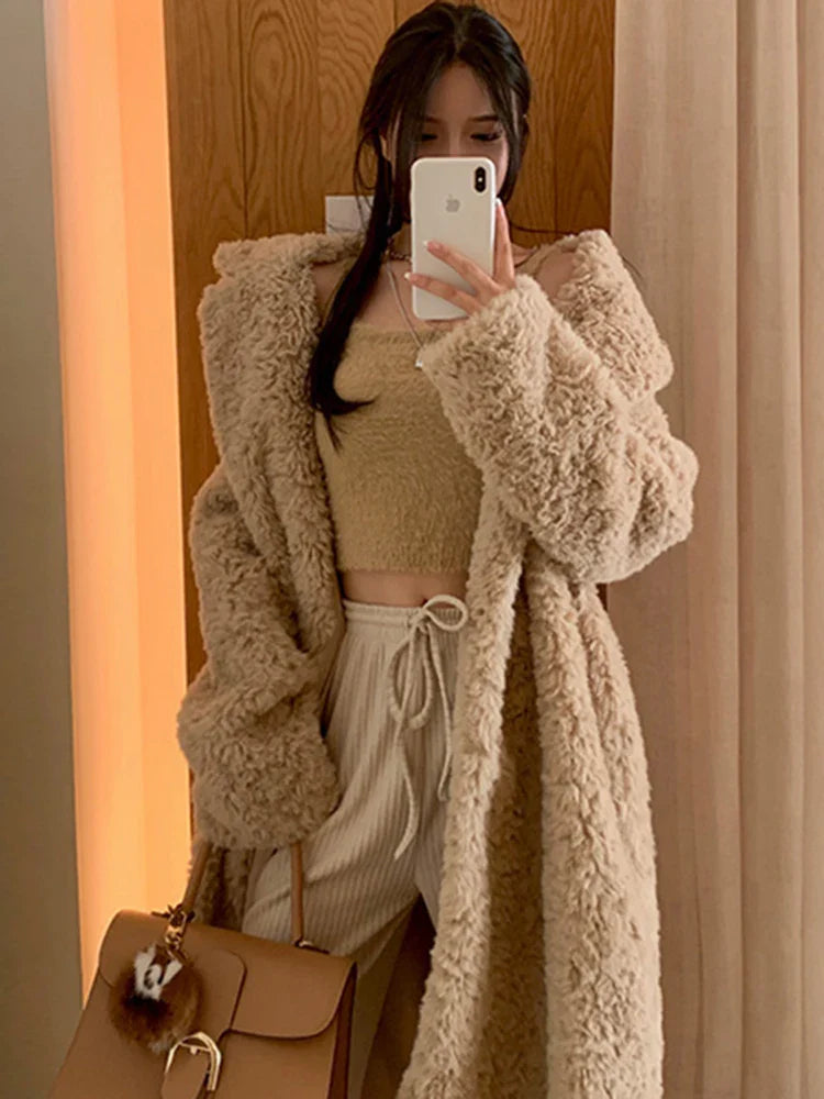Winter Long Oversized Shaggy Fuzzy Warm Thick Fluffy Faux Fur Coat Women Sashes Lapel Stylish Luxury Korean Fashion 2021 Khaki