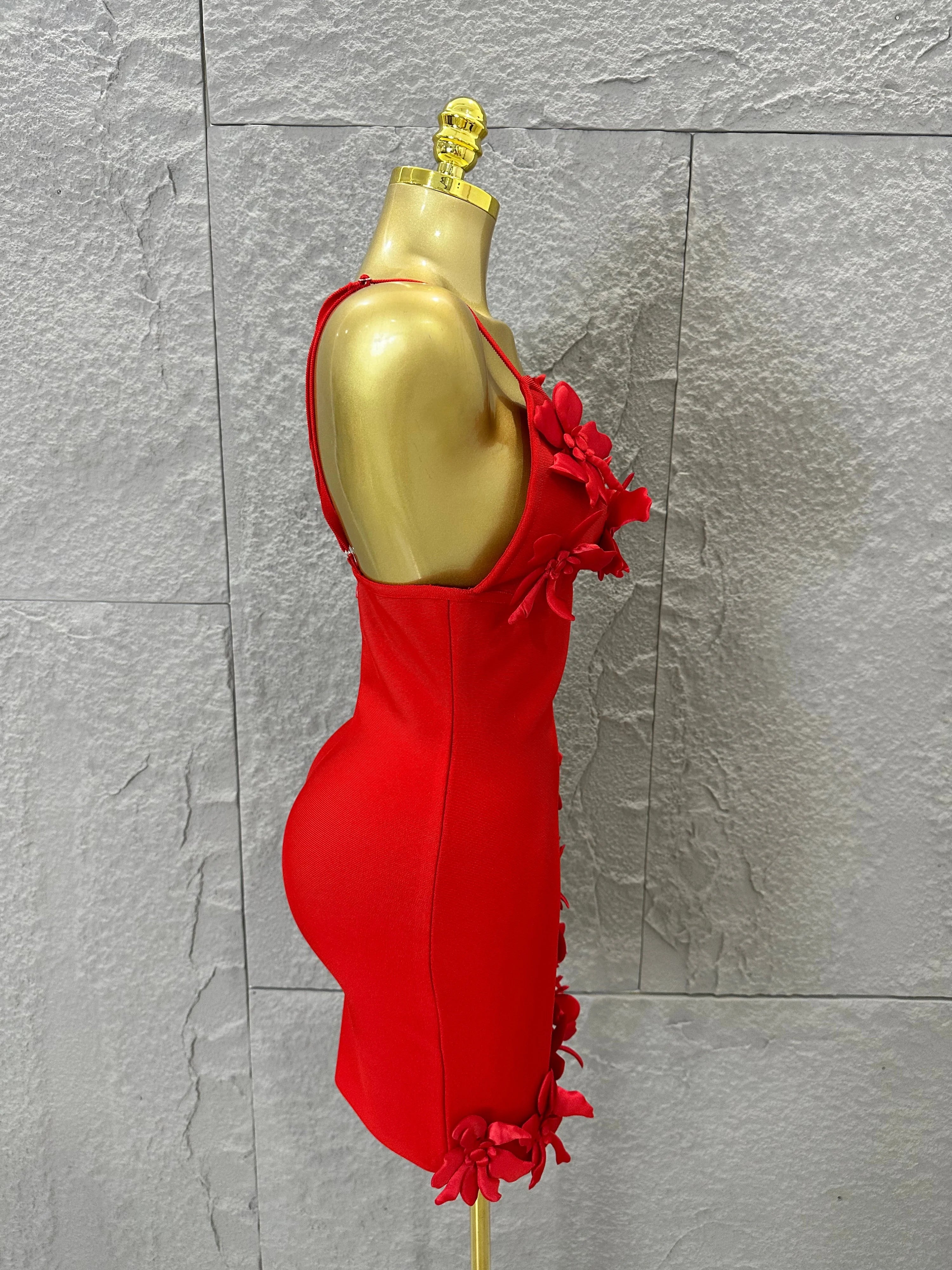 Sexy Deep V Red 3D Flower Applique Dress Slim Fit Bodycon Bandage Night Out Wedding Guest Club Cocktail Evening Party Outfit
