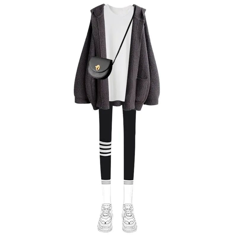 Women's 2024 Autumn New Matching Set Korean Elegant Hoodie Knitted Coat+Long Sleeve+Shark Pants Three Piece Female Clothing Suit