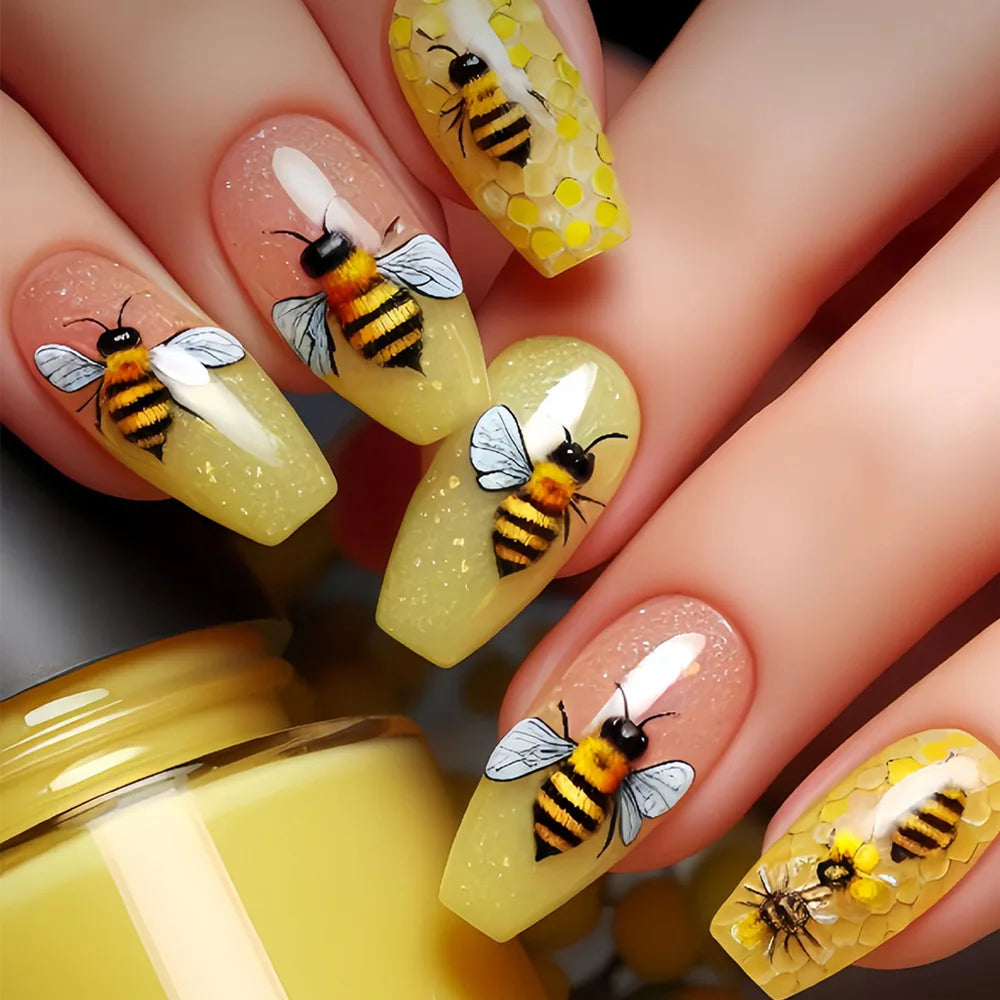 24pcs/set Medium Long fake nails for Spring summer beautiful flowers mushroom bees cute almond square tips press on false nails 2208