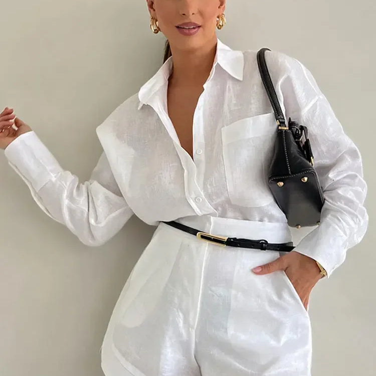Pockets Button Shorts 2 Piece Set For Women Casual Lapel Single Breasted Long Sleeve Suits Fashion Chic Female Commute Outfits White