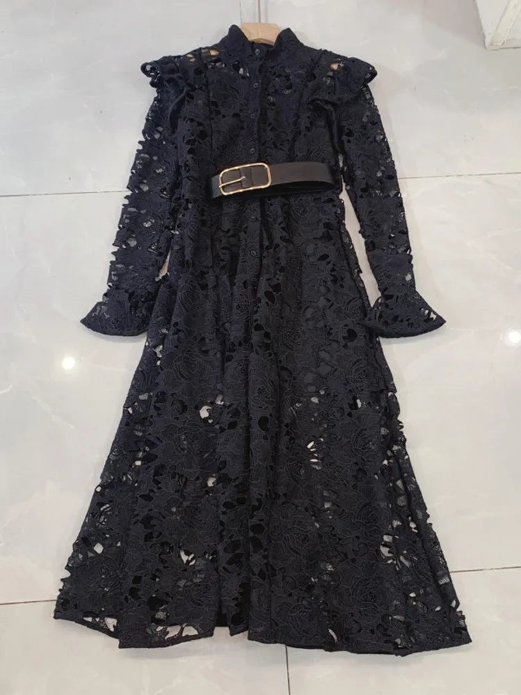LGRQ Elegant Lace Embroidery Pattern Design Women's Dresses Evening Belt New Hollow Out Luxury Fashion 19F1371