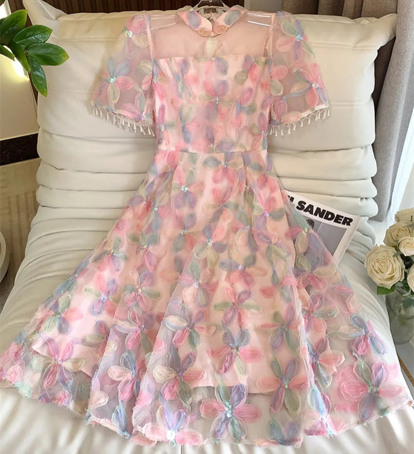 Elegant Sweet Spring Pink Mesh Party Long Dress Women Ruffled Collar Embroidery Flowers Beaded Tassel Short Sleeve Party Clothes