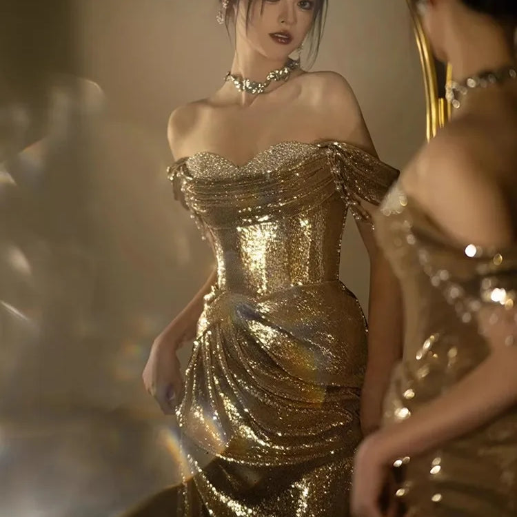 Lautaro Spring Praty Birthday Evening Dresses Woman Off Shoulder Backless Elegant Luxury Prom Floor Length Gold Sequin Dress Gold