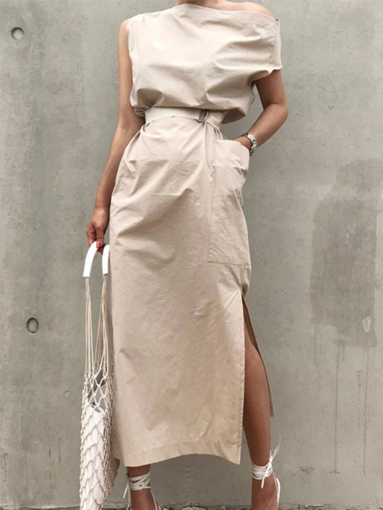 Asymmetrical Sashes Dress For Women Slash Neck Short Sleeve High Waist Casual Dresses Female Fashion New Clothing