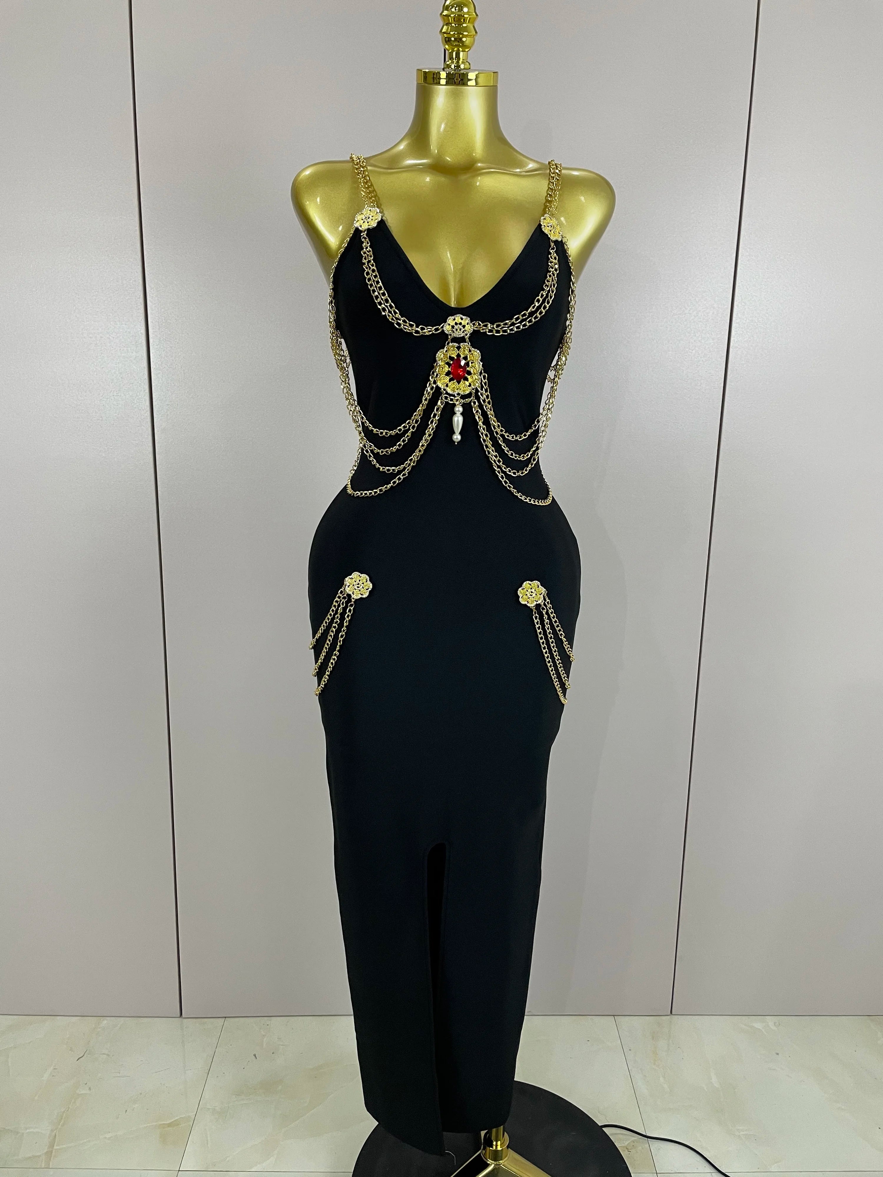 2025New New Black Chain Spaghetti Strap V-Neck Split Bandage Dress Bodycon Celebrity Club Party Long Dress Vestidos black